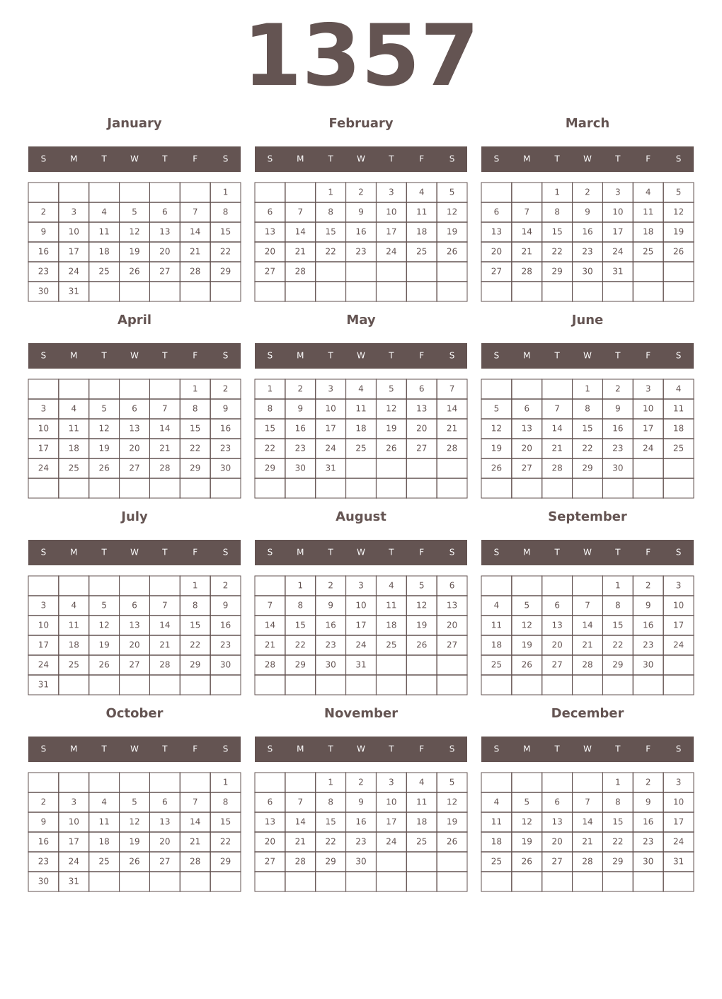 Printable 1357 Year Calendars wenge