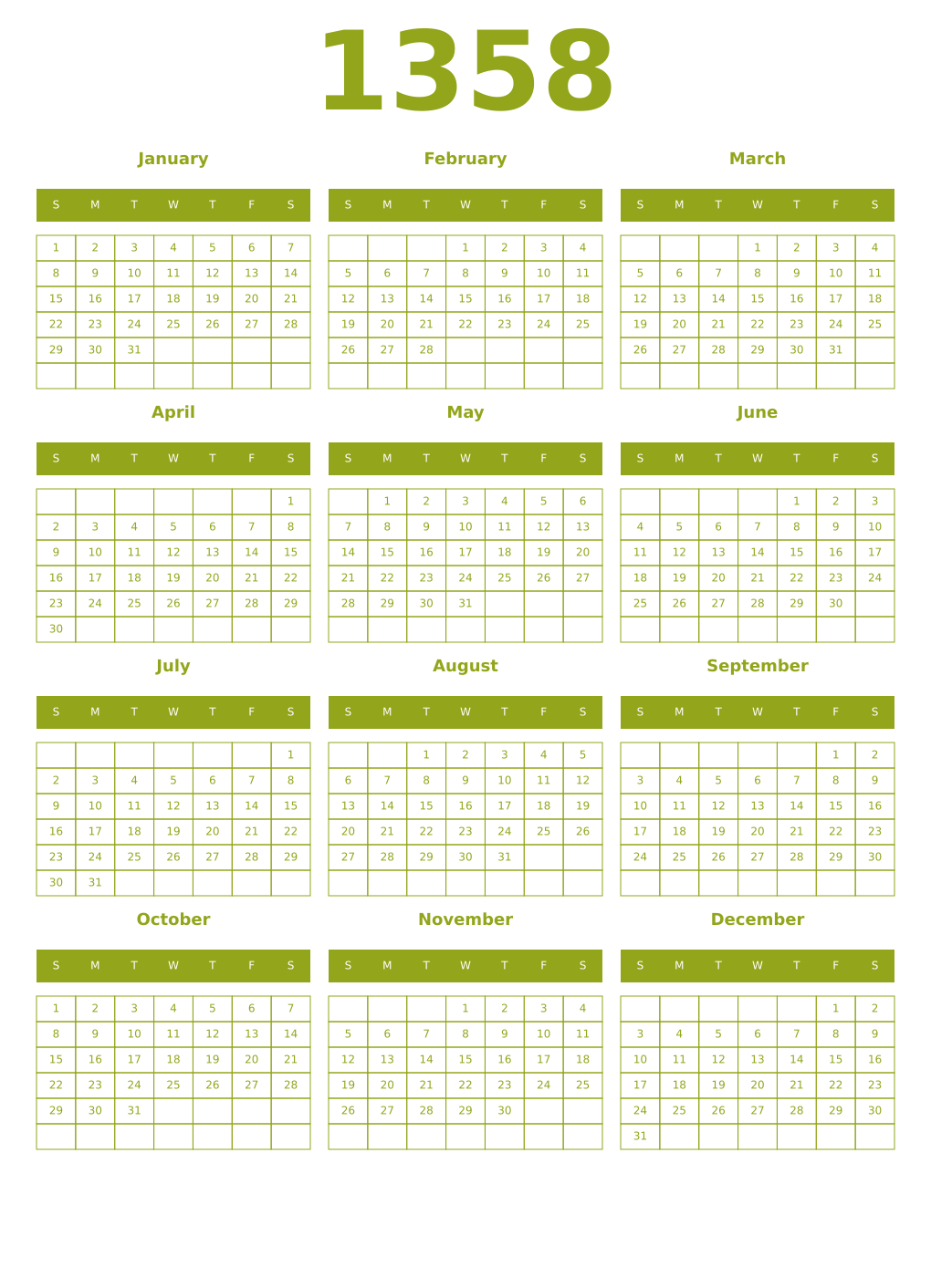 Printable 1358 Year Calendars chartreuse