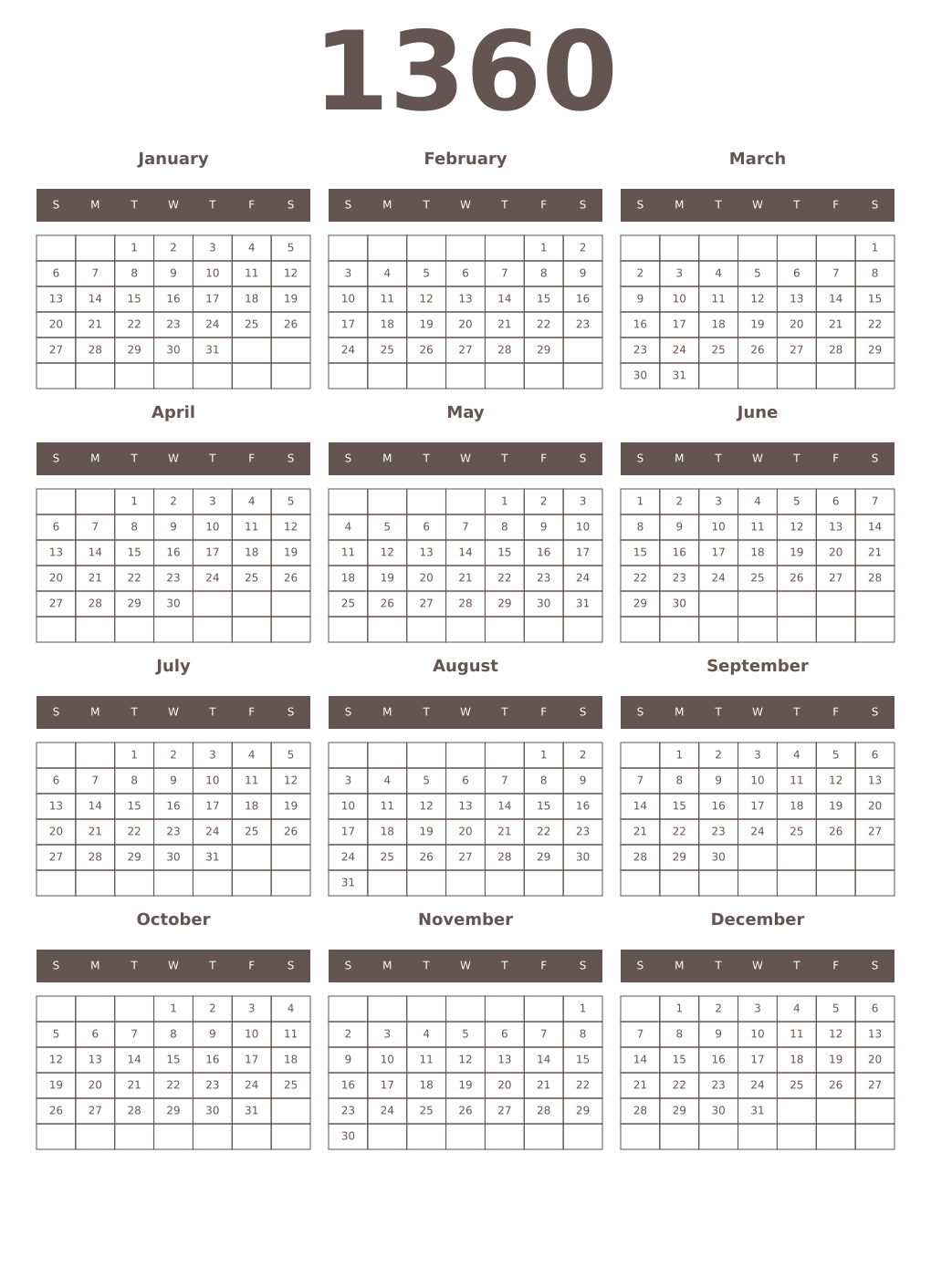 Printable 1360 Year Calendars wenge
