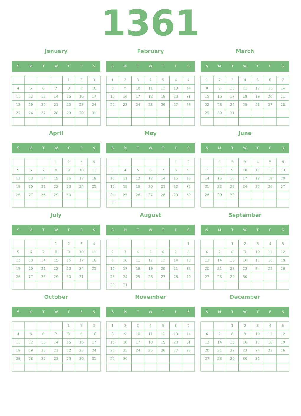 Printable 1361 Year Calendars celadon