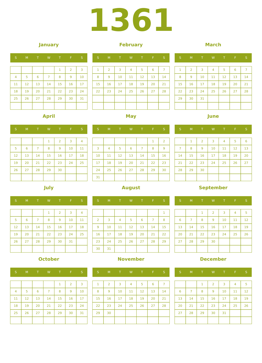 Printable 1361 Year Calendars chartreuse