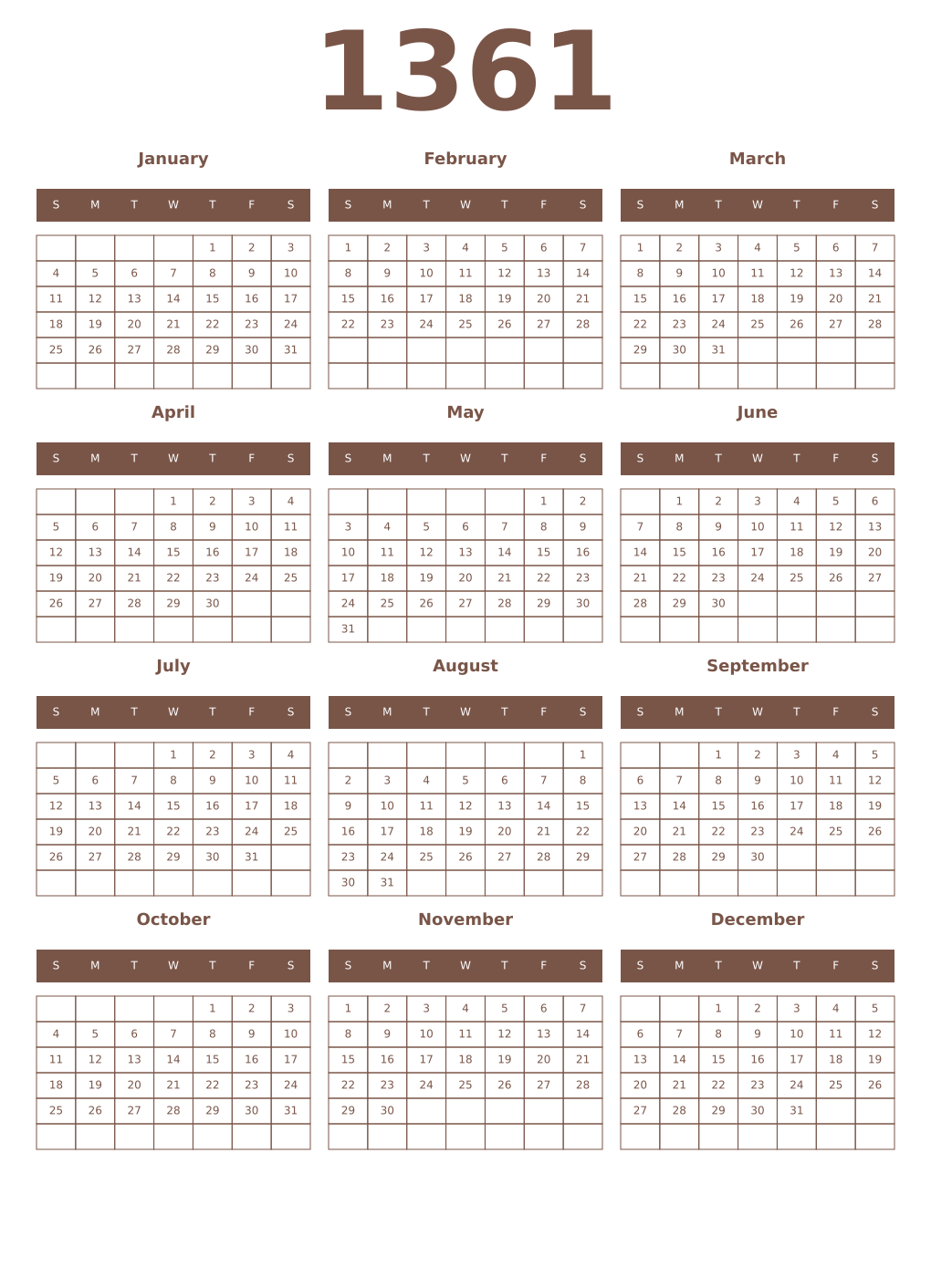 Printable 1361 Year Calendars coffe