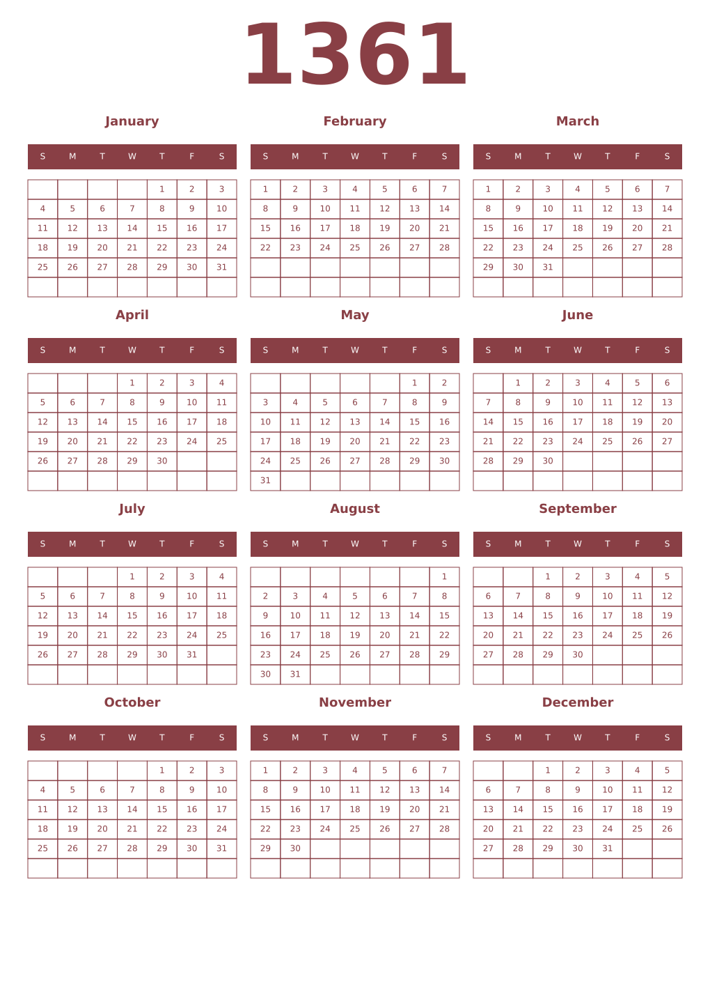 Printable 1361 Year Calendars cordovan