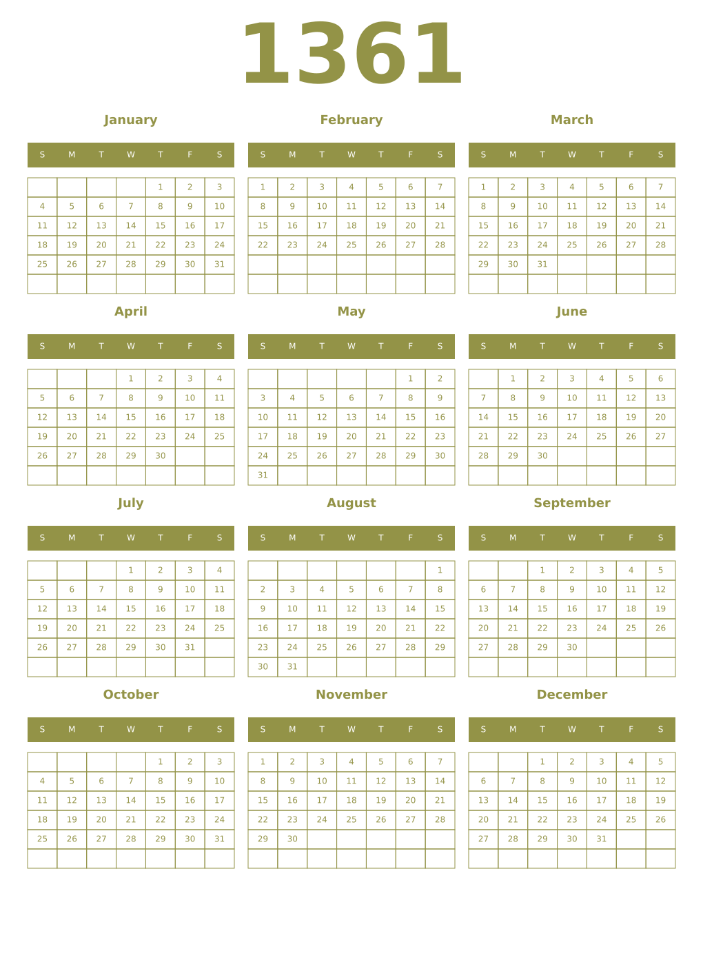 Printable 1361 Year Calendars eburnean