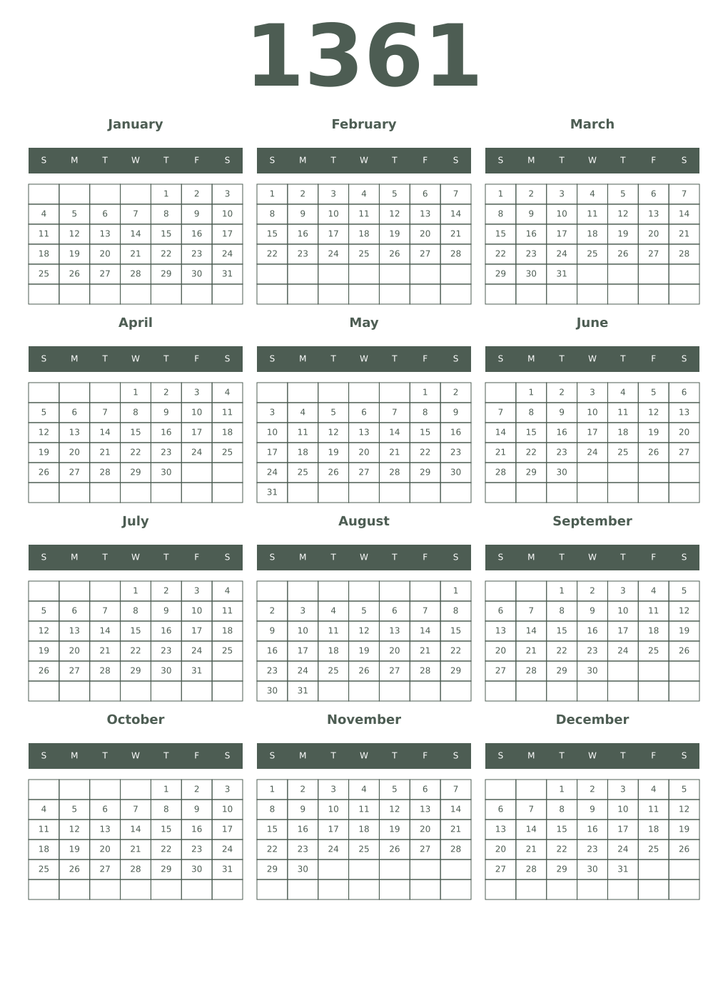 Printable 1361 Year Calendars feldgrau