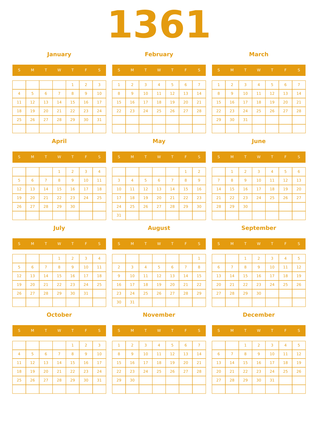 Printable 1361 Year Calendars gamboge