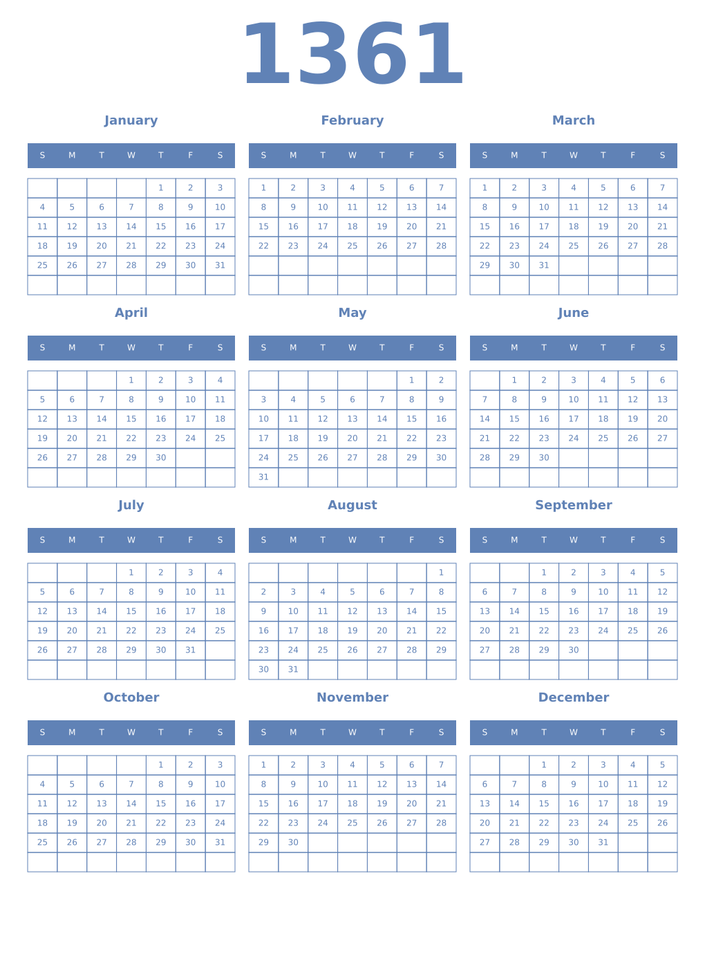 Printable 1361 Year Calendars glaucous