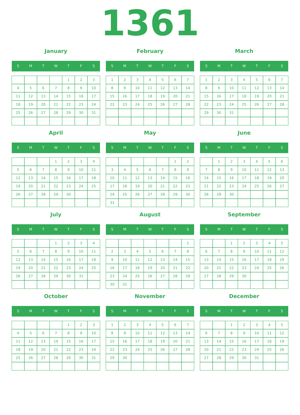 Printable 1361 Year Calendars green