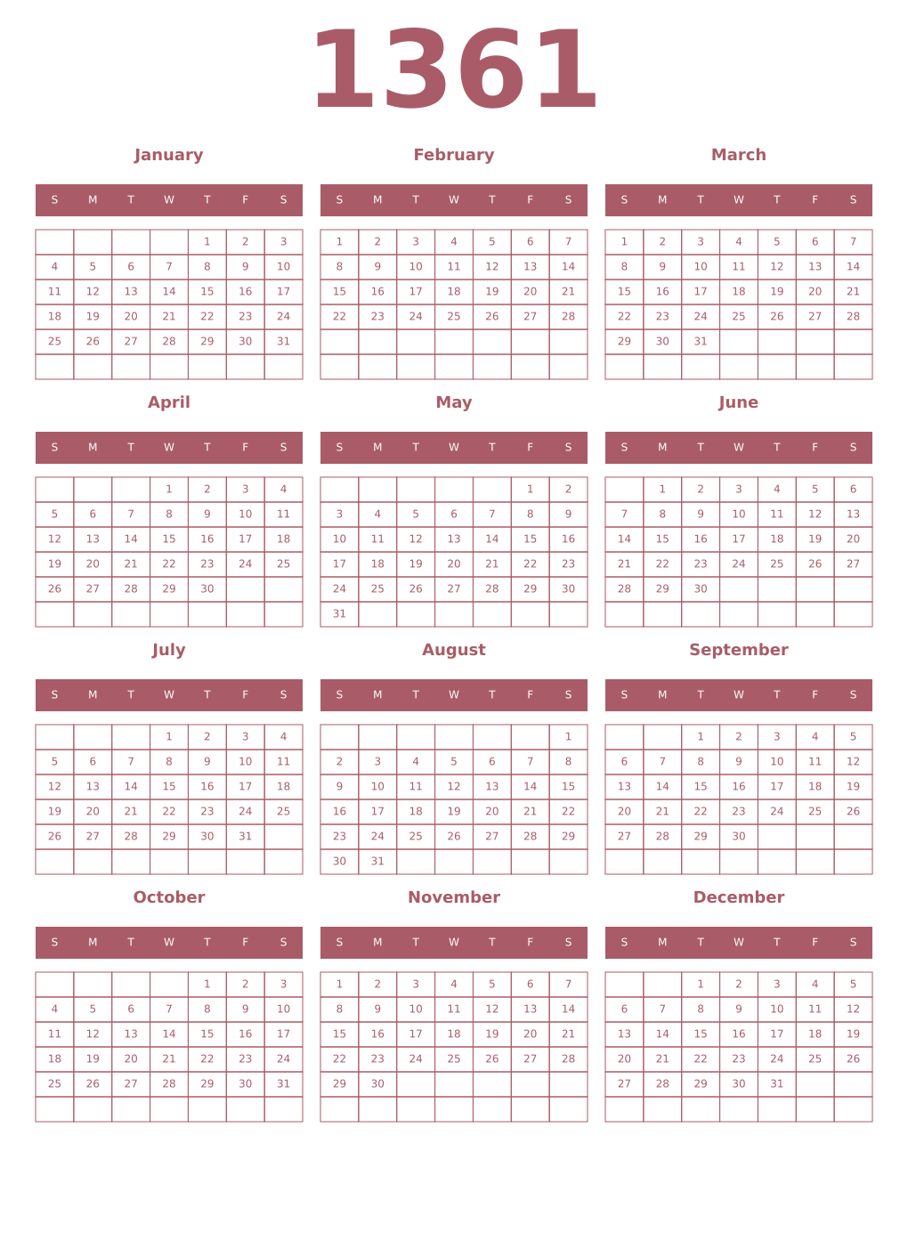 Printable 1361 Year Calendars puce