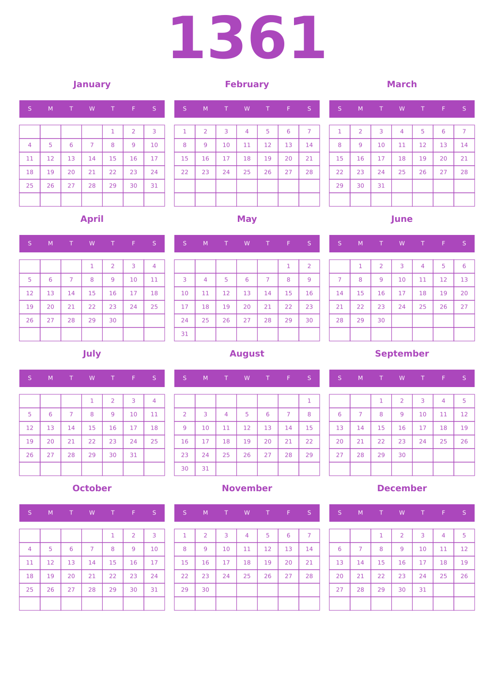 Printable 1361 Year Calendars purple