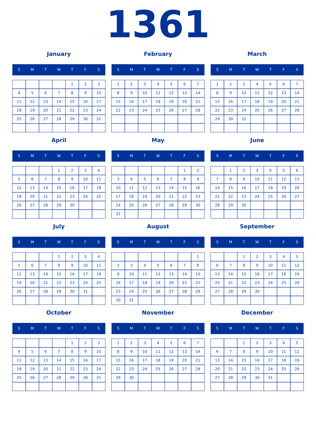 Printable 1361 Year Calendars smalt