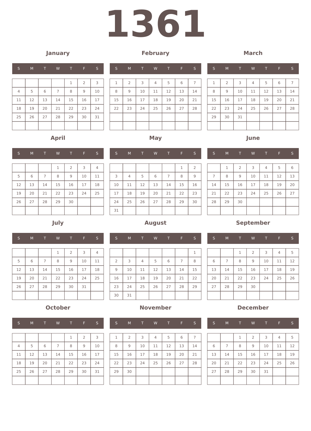 Printable 1361 Year Calendars wenge