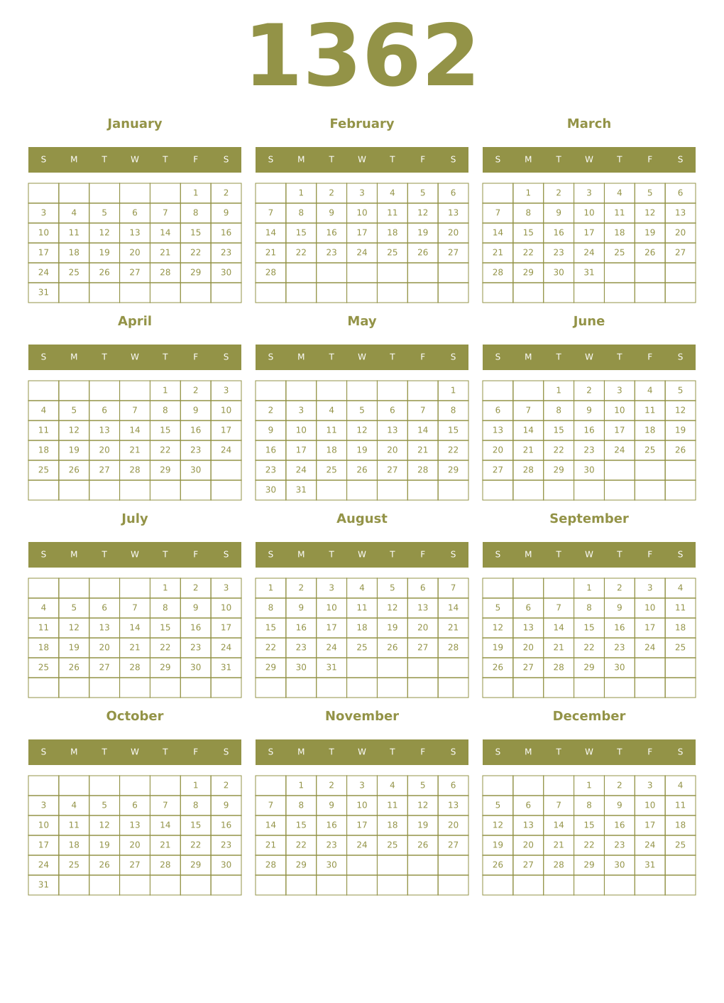 Printable 1362 Year Calendars eburnean