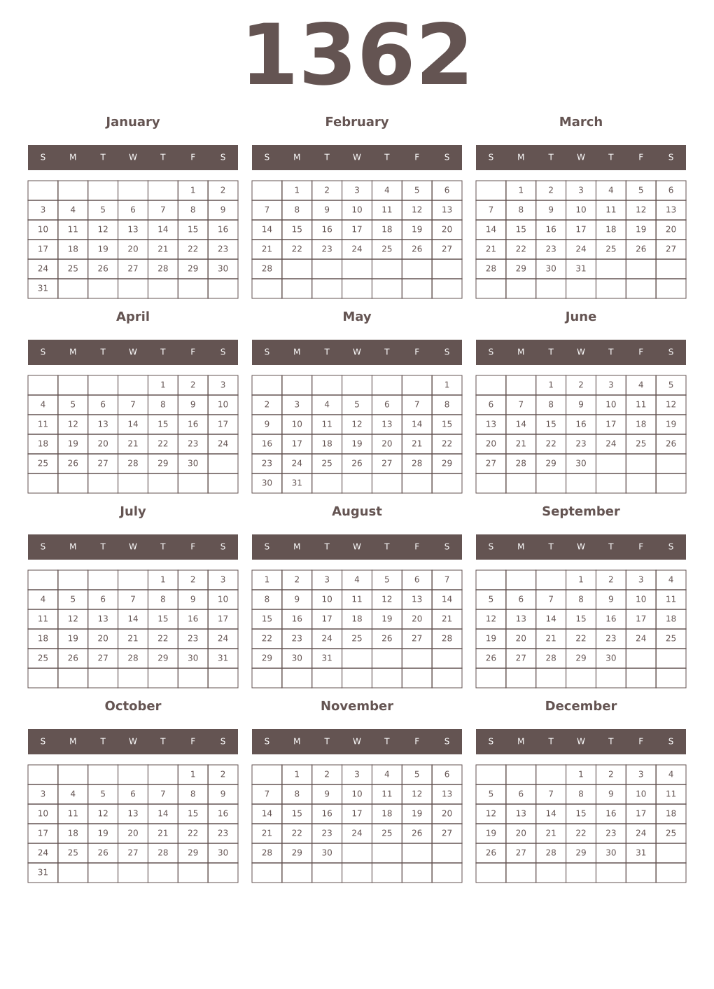 Printable 1362 Year Calendars wenge