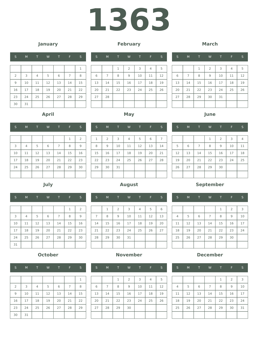 Printable 1363 Year Calendars feldgrau