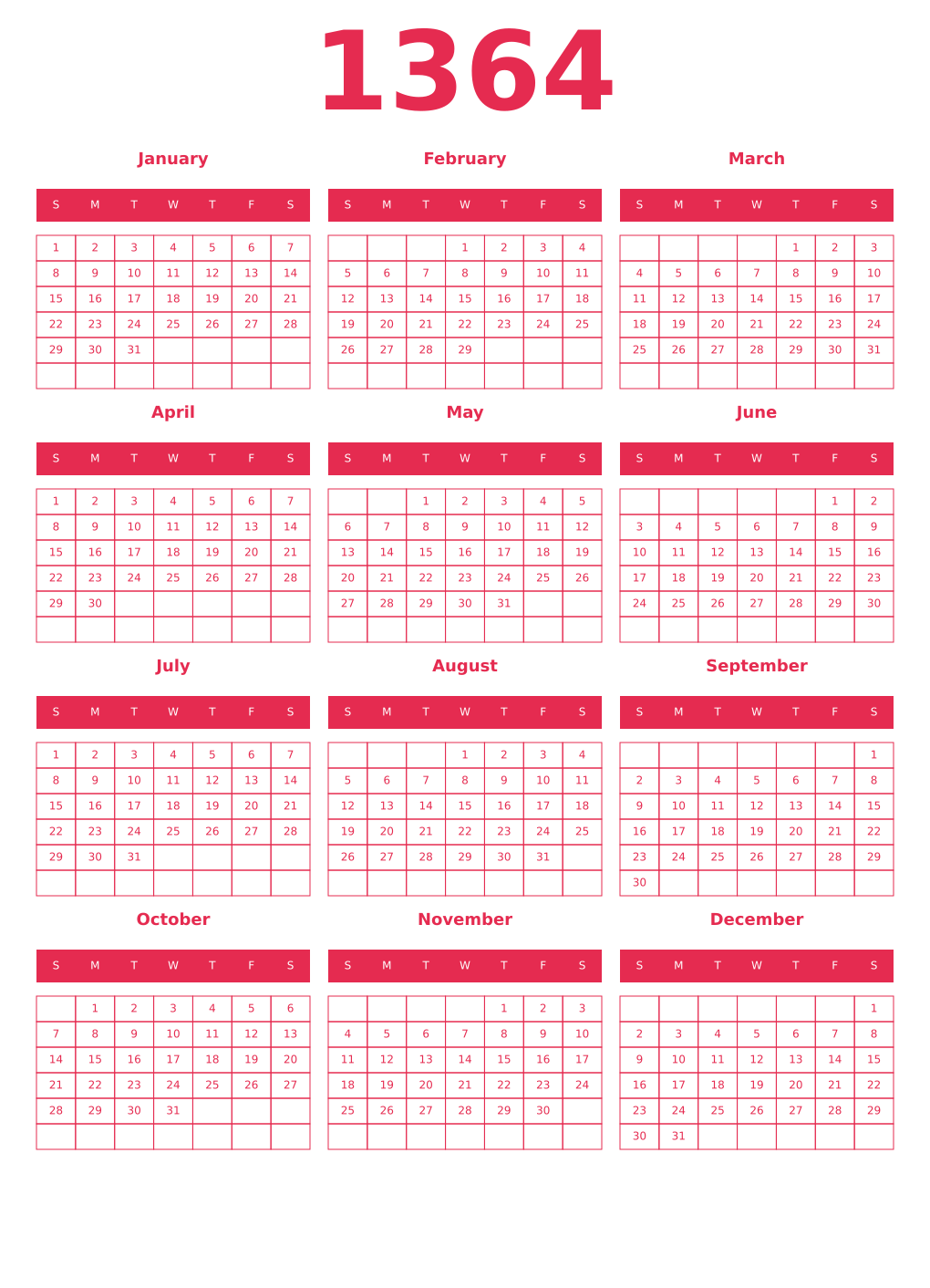 Printable 1364 Year Calendars amaranth