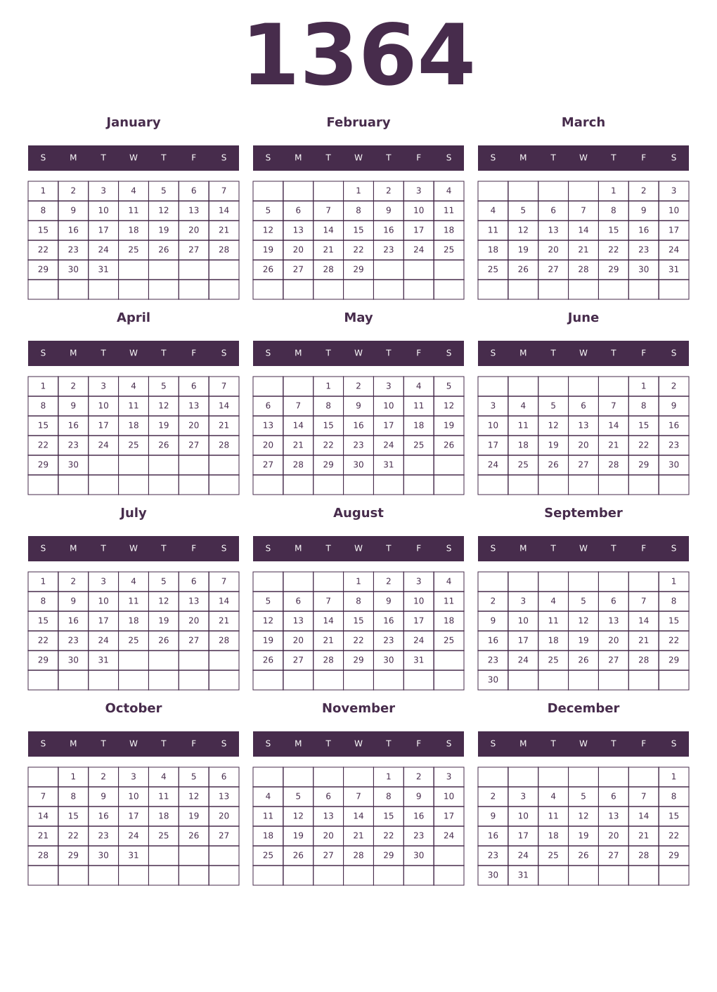 Printable 1364 Year Calendars aubergine