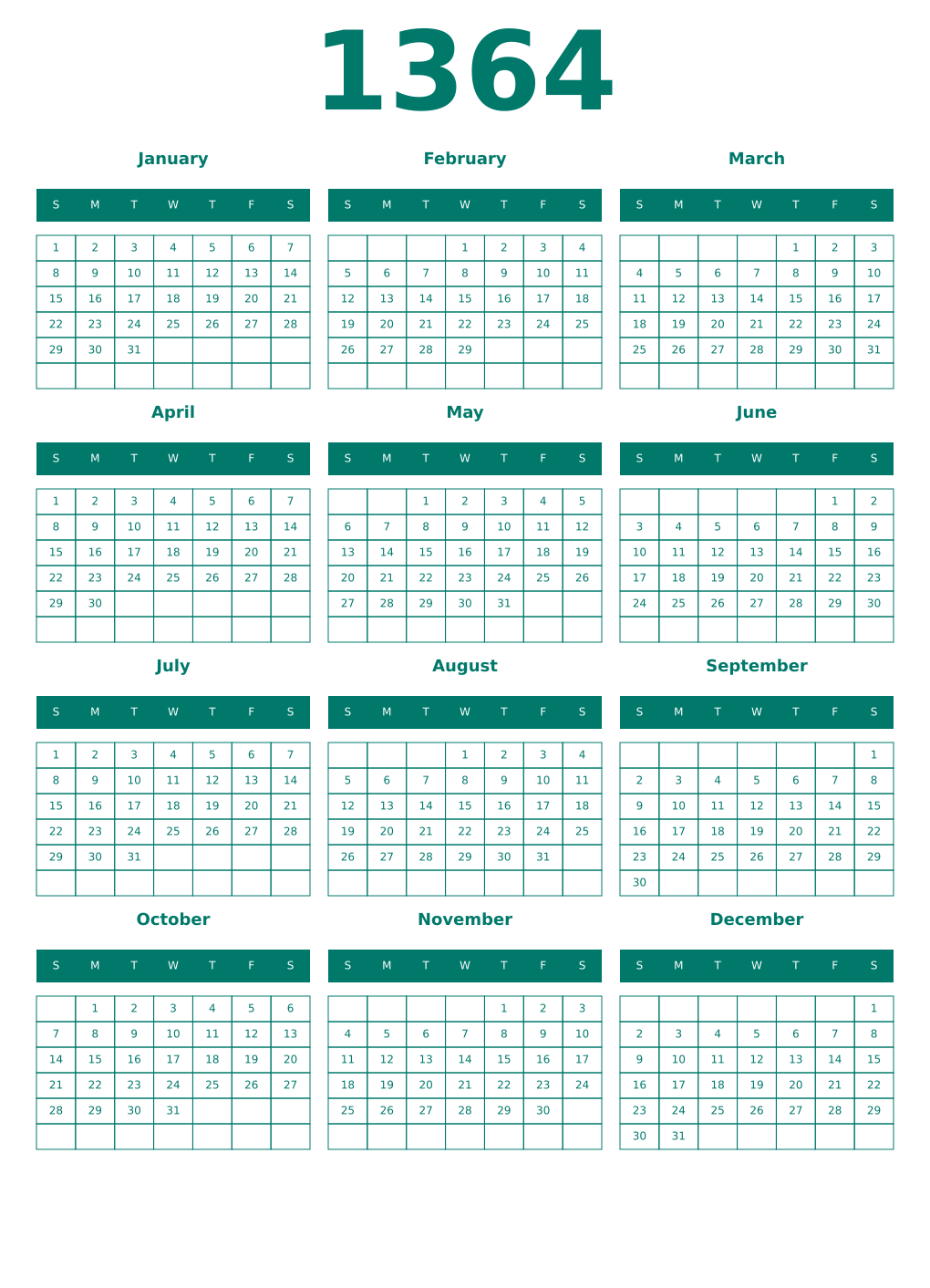 Printable 1364 Year Calendars pastel