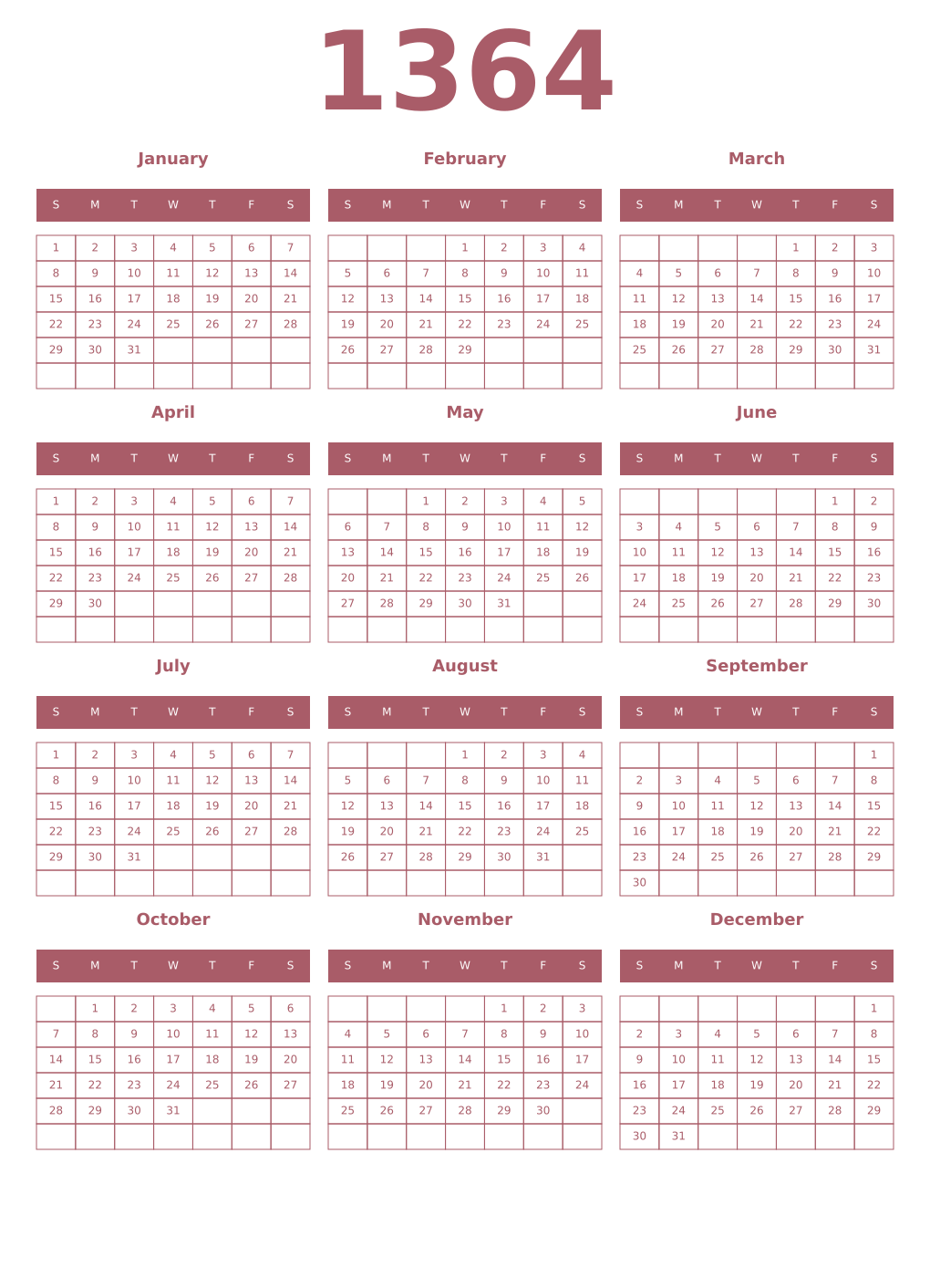 Printable 1364 Year Calendars puce