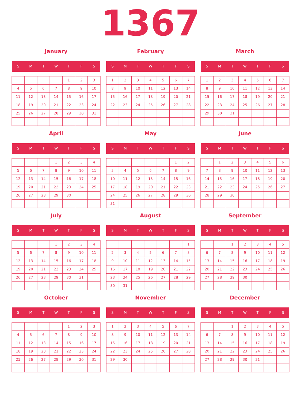Printable 1367 Year Calendars amaranth