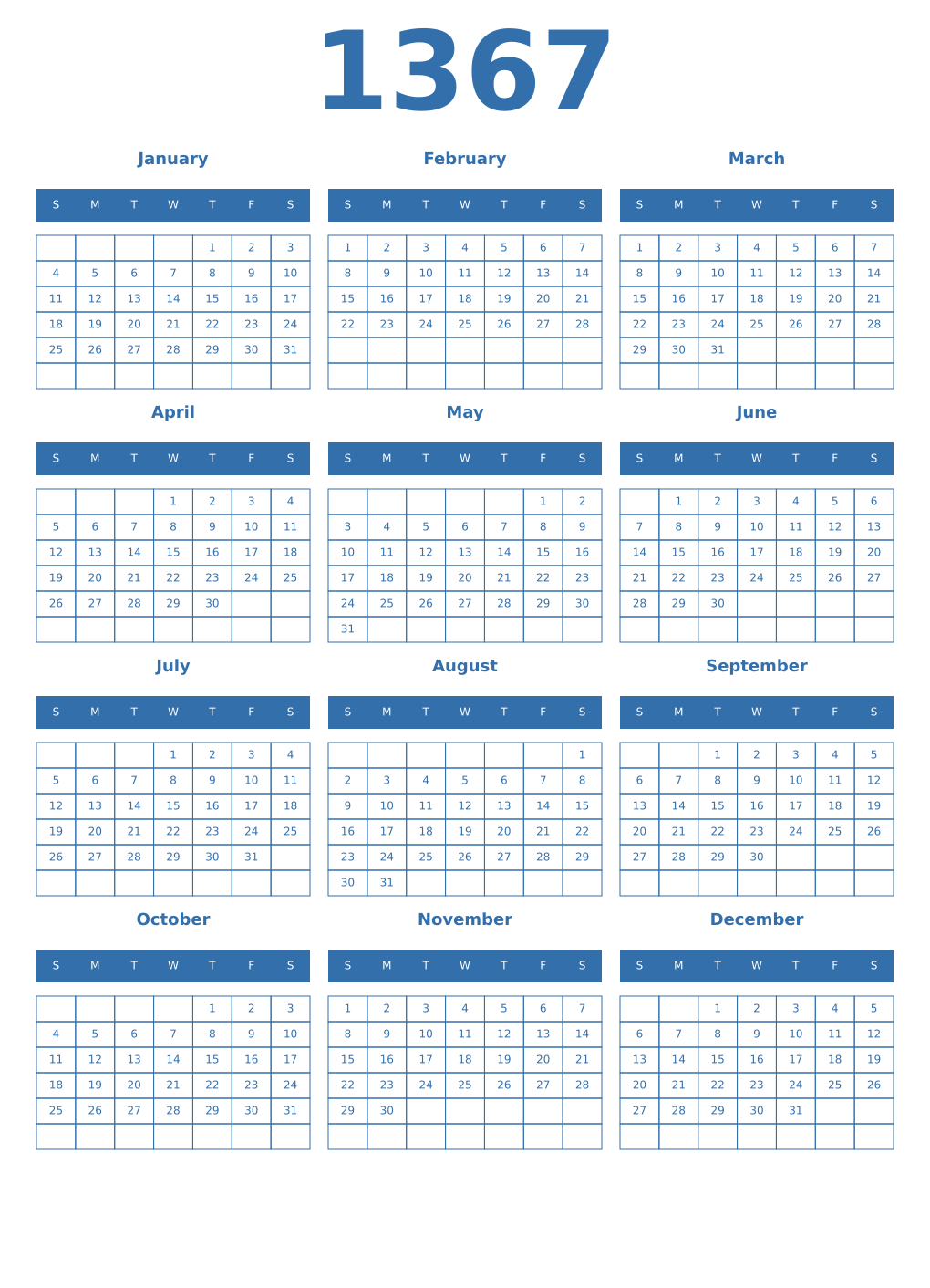 Printable 1367 Year Calendars blue