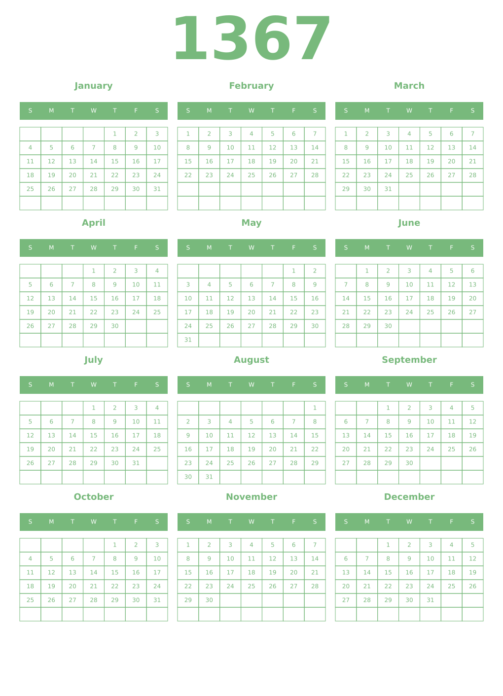 Printable 1367 Year Calendars celadon