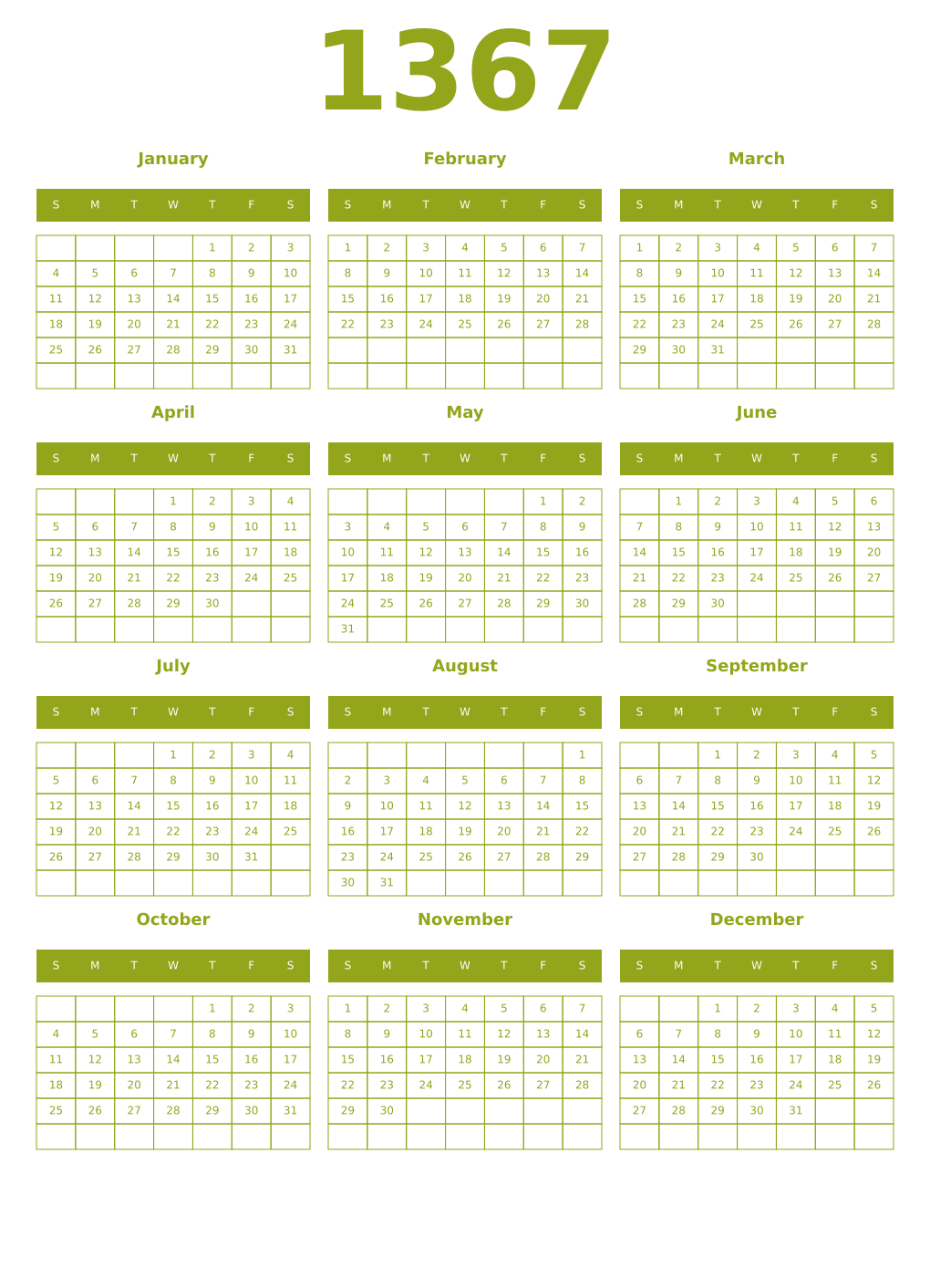 Printable 1367 Year Calendars chartreuse