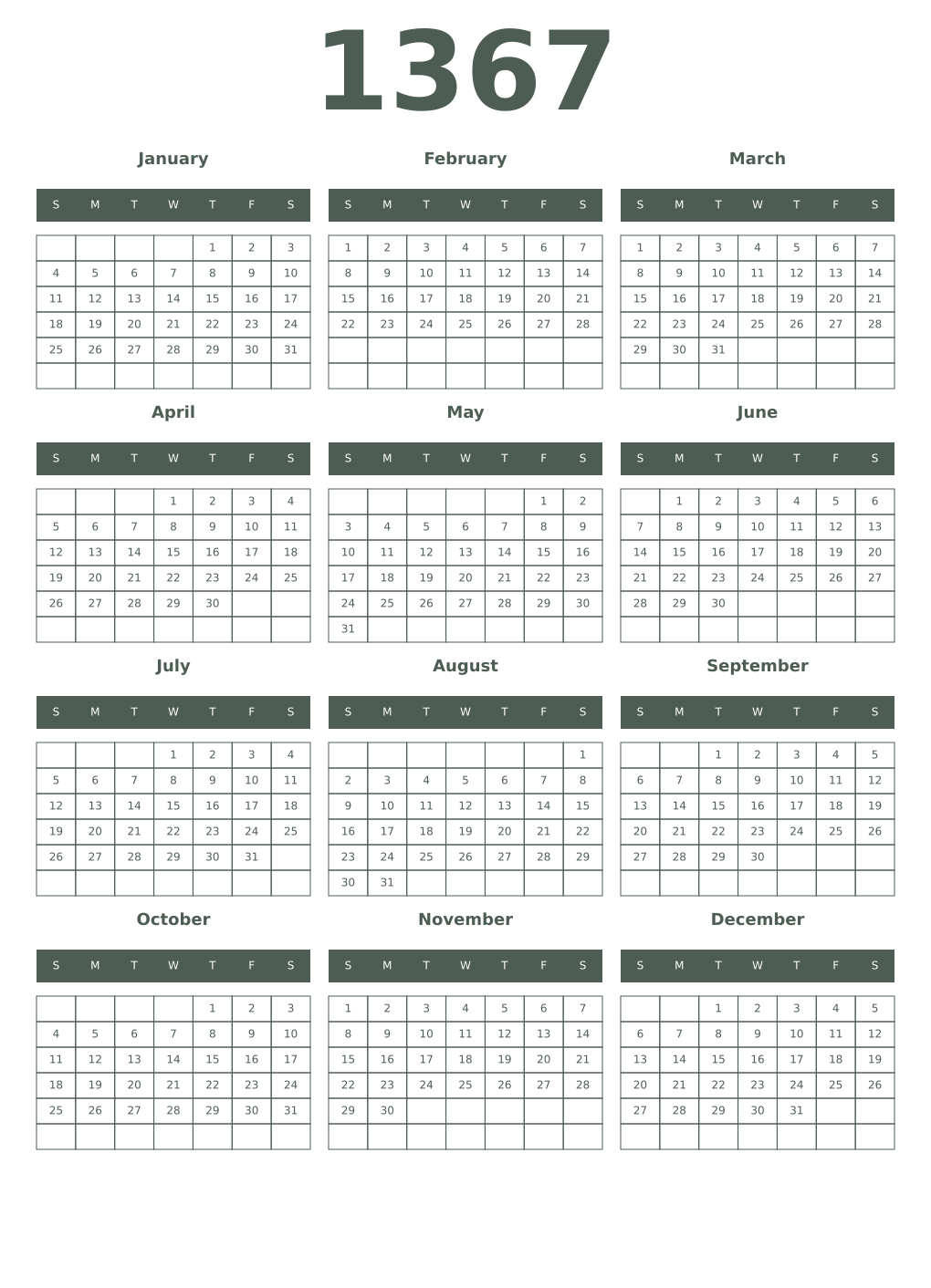 Printable 1367 Year Calendars feldgrau