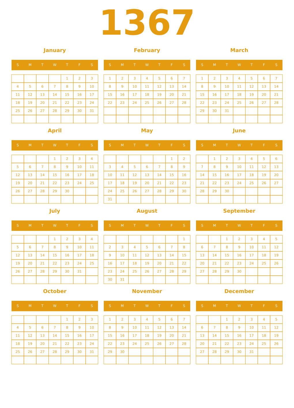 Printable 1367 Year Calendars gamboge