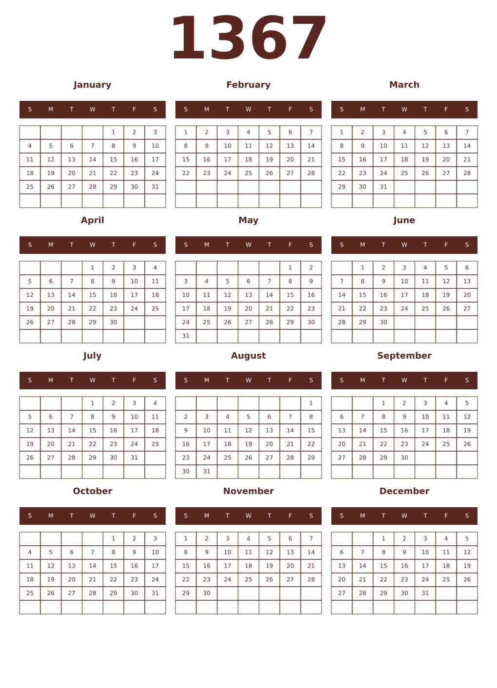 Printable 1367 Year Calendars mortuum
