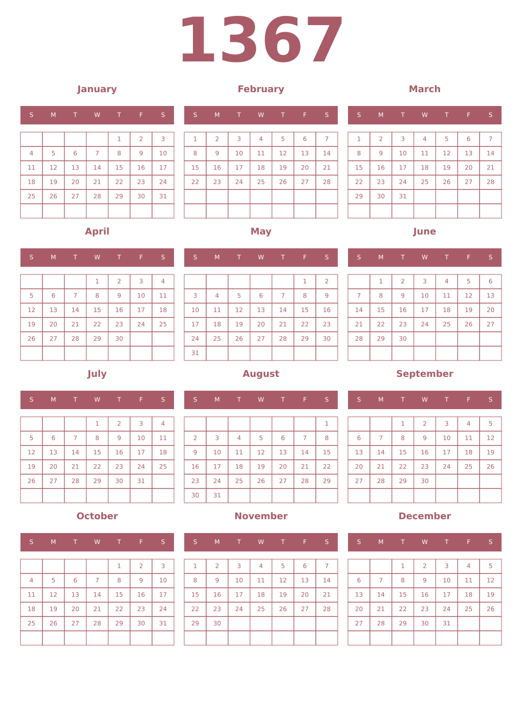 Printable 1367 Year Calendars puce
