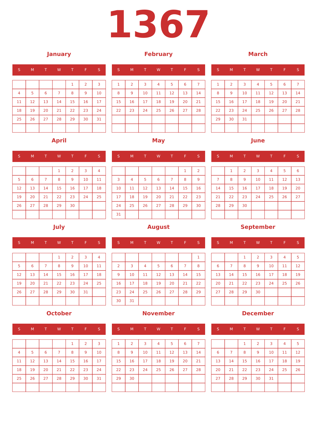 Printable 1367 Year Calendars red