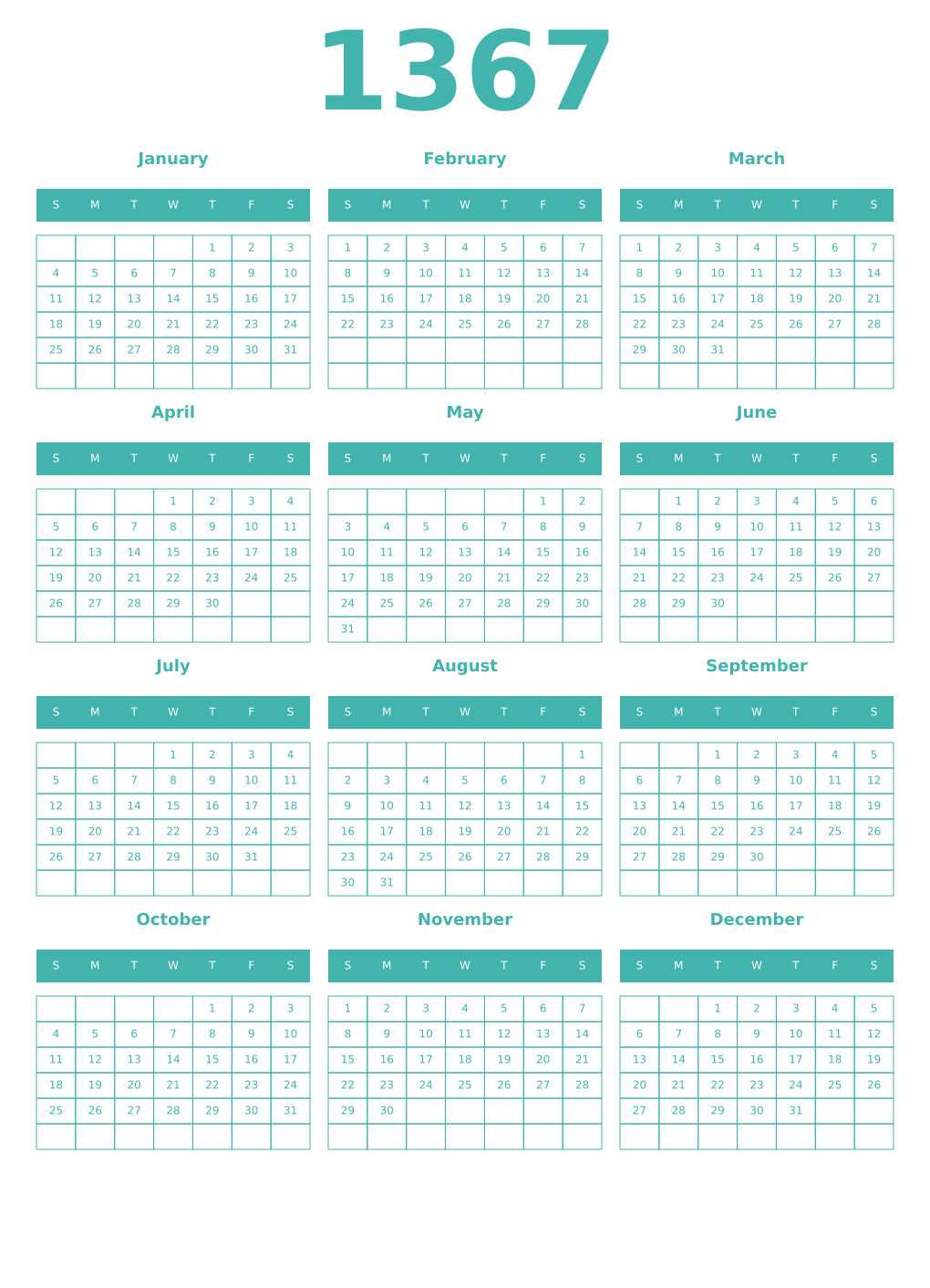 Printable 1367 Year Calendars verdigris