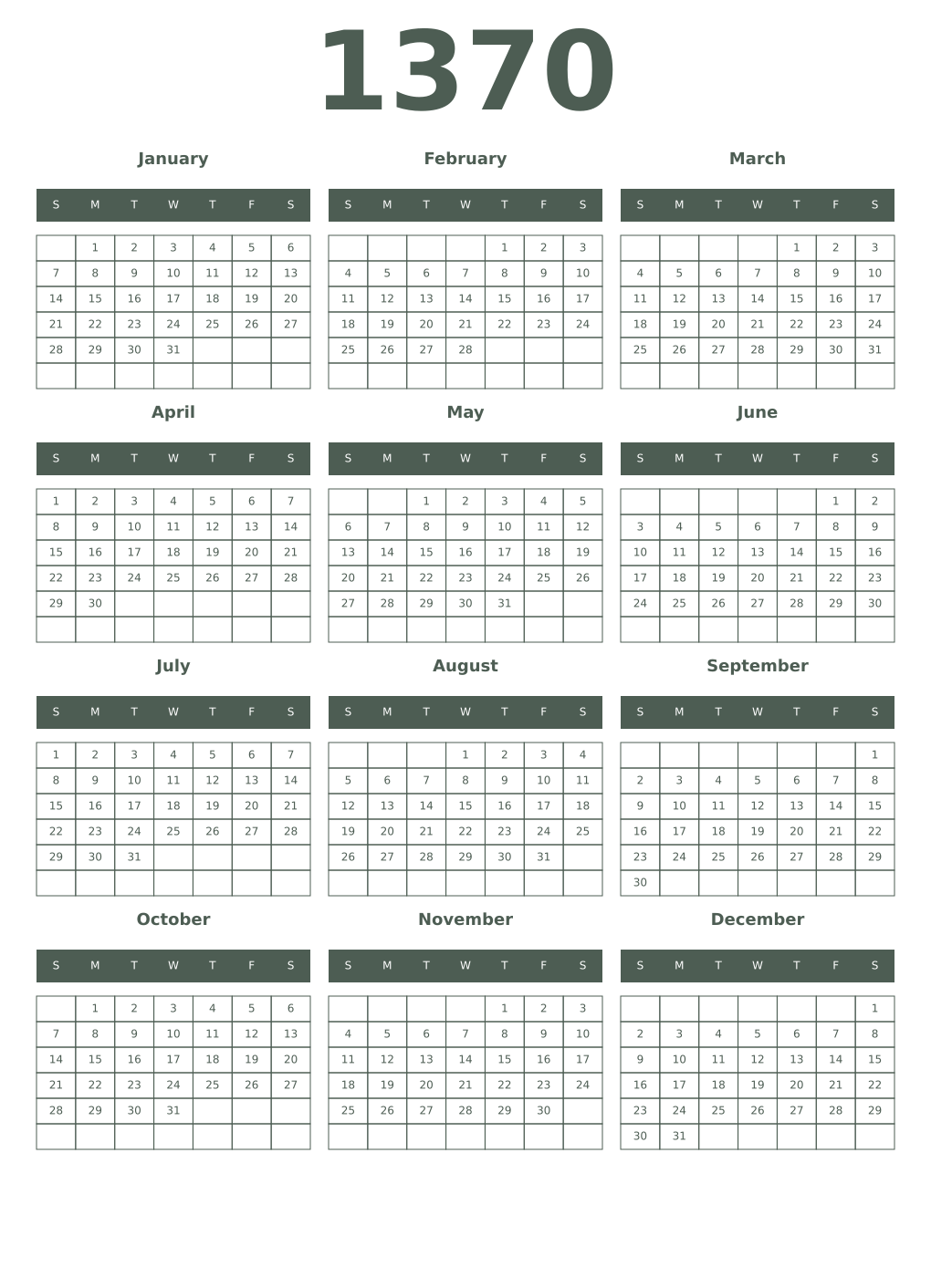 Printable 1370 Year Calendars feldgrau