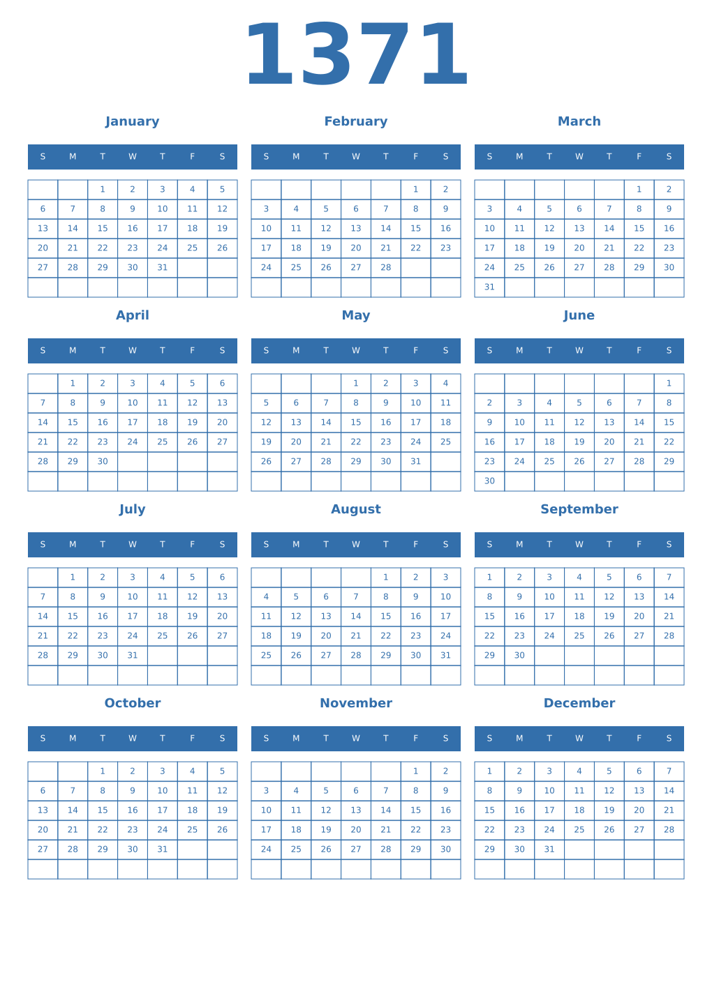 Printable 1371 Year Calendars blue