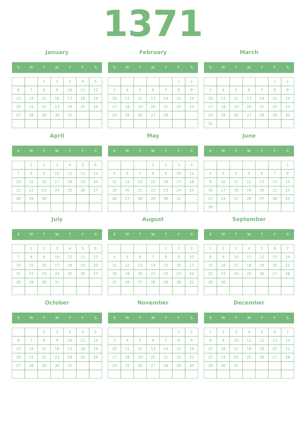 Printable 1371 Year Calendars celadon