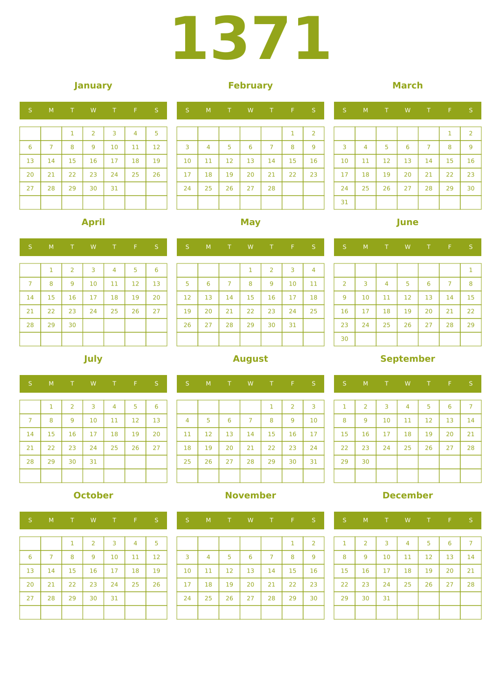 Printable 1371 Year Calendars chartreuse