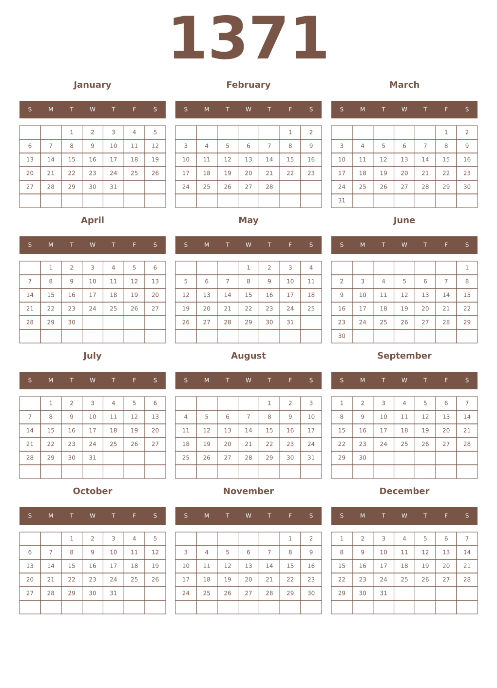 Printable 1371 Year Calendars coffe