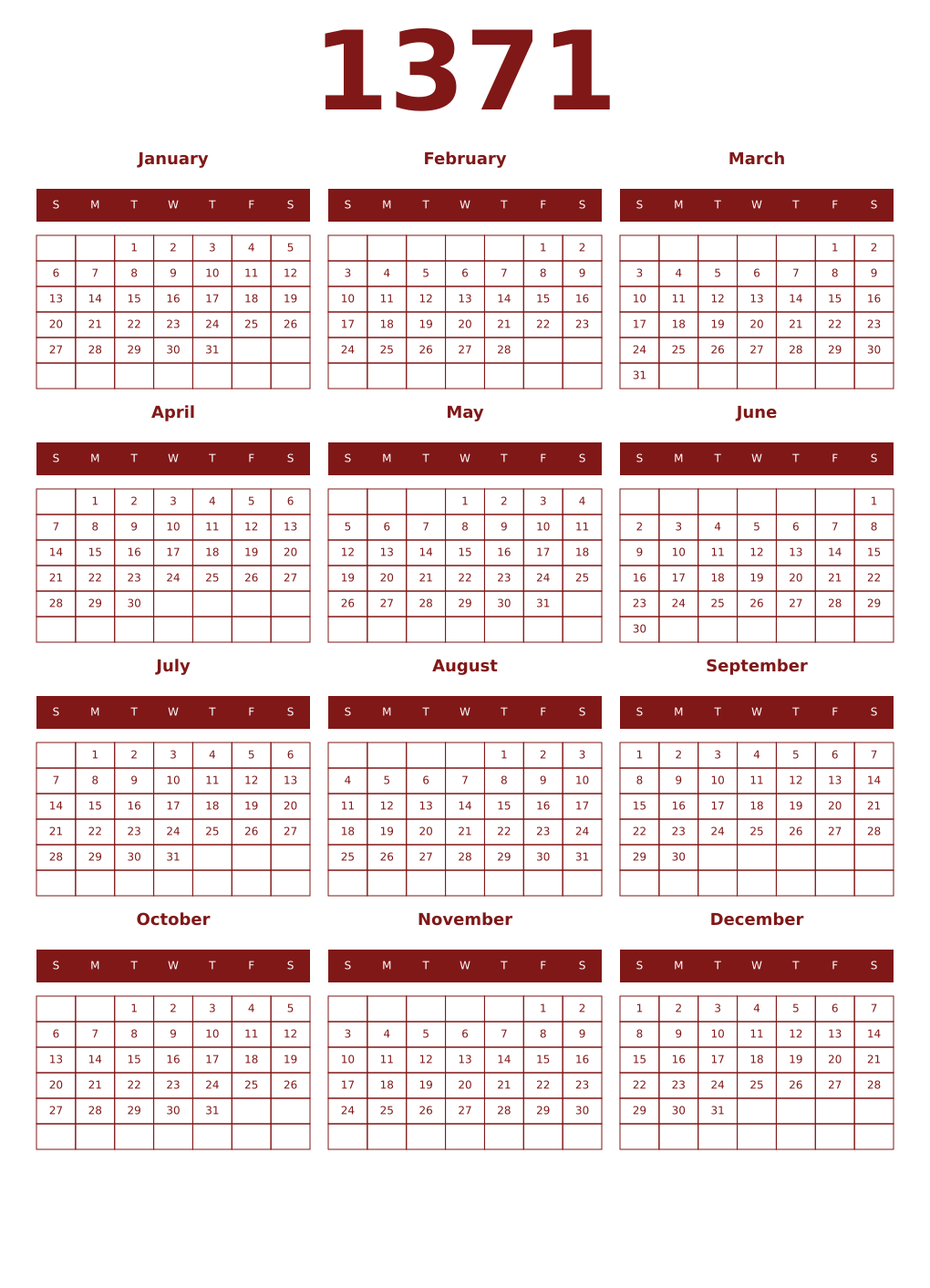 Printable 1371 Year Calendars falu