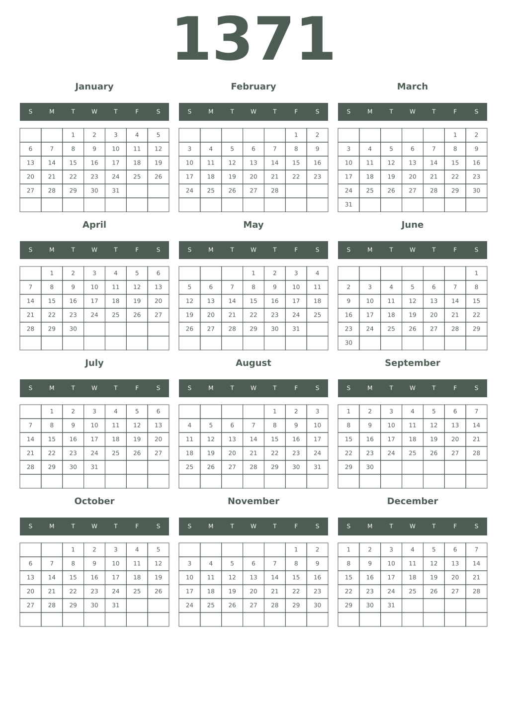 Printable 1371 Year Calendars feldgrau