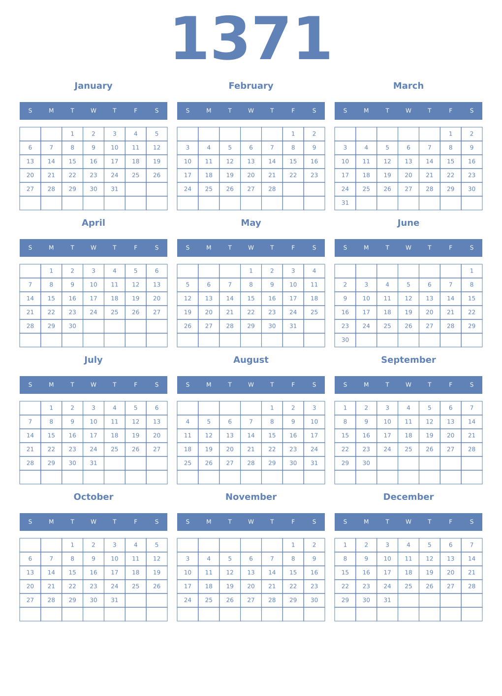 Printable 1371 Year Calendars glaucous