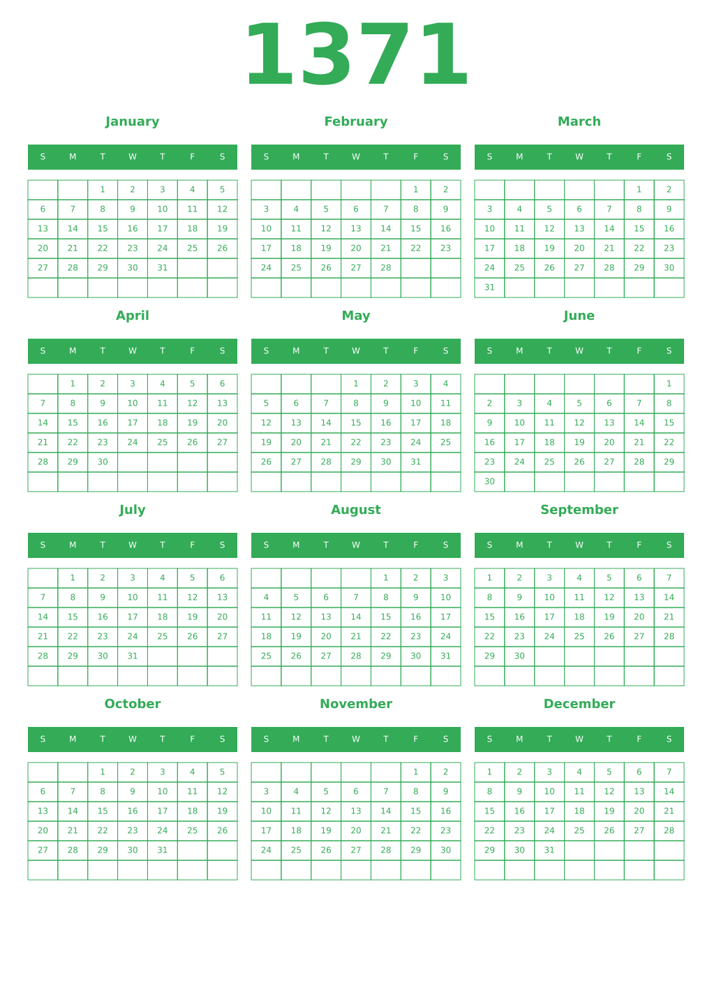 Printable 1371 Year Calendars green