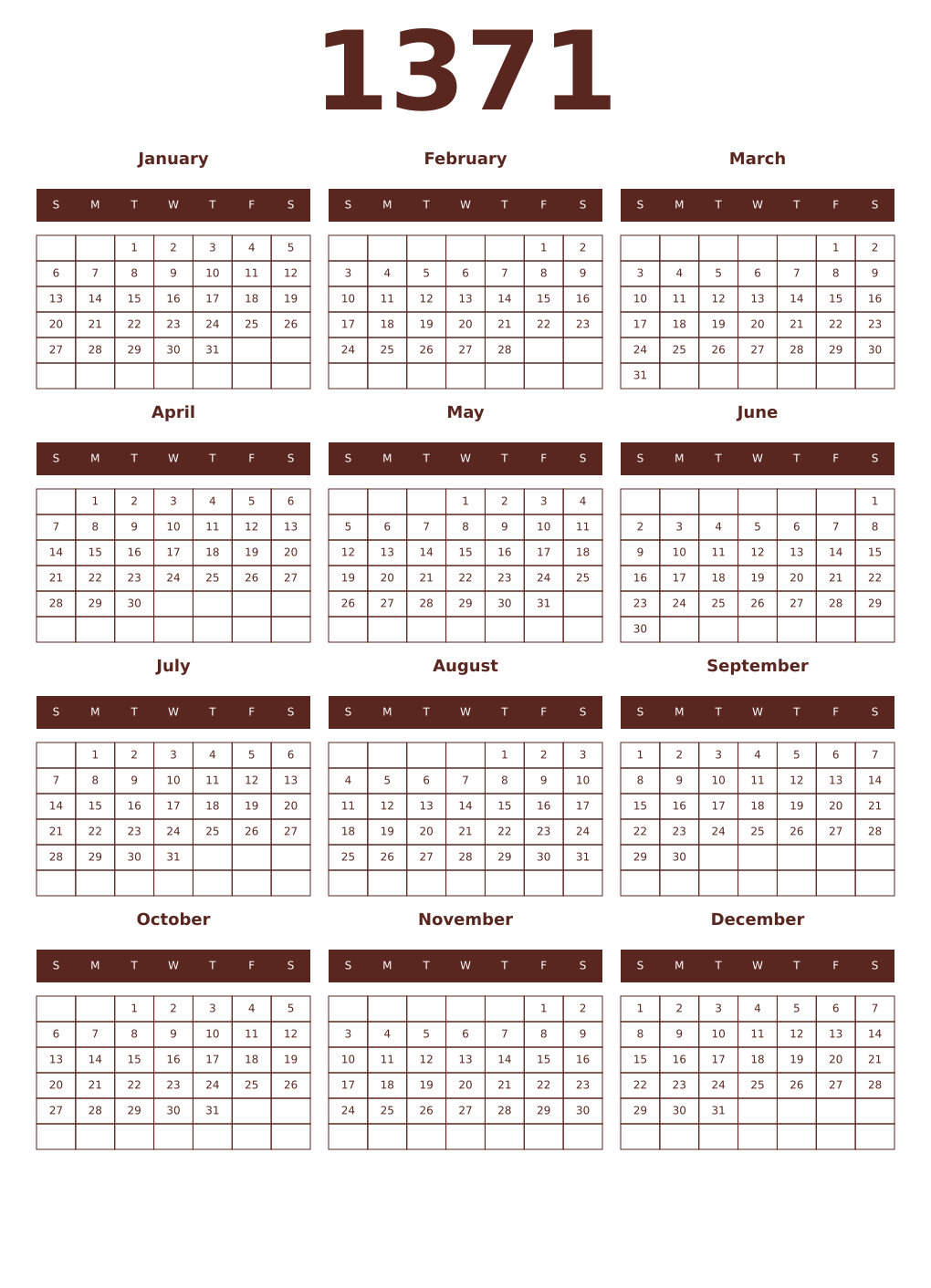 Printable 1371 Year Calendars mortuum