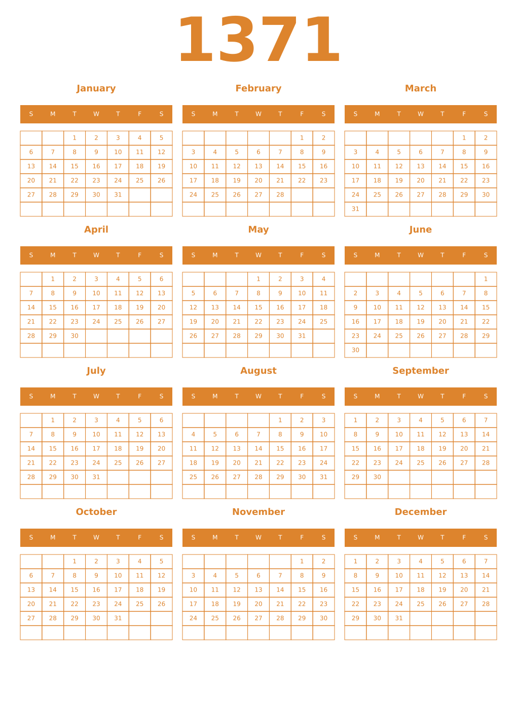 Printable 1371 Year Calendars orange