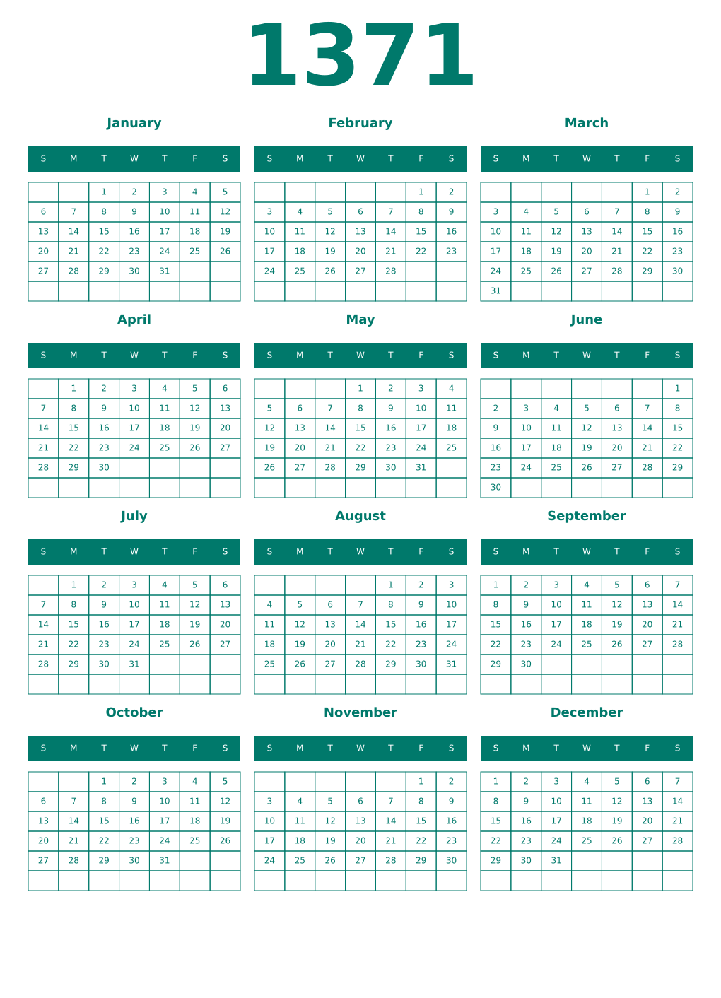 Printable 1371 Year Calendars pastel