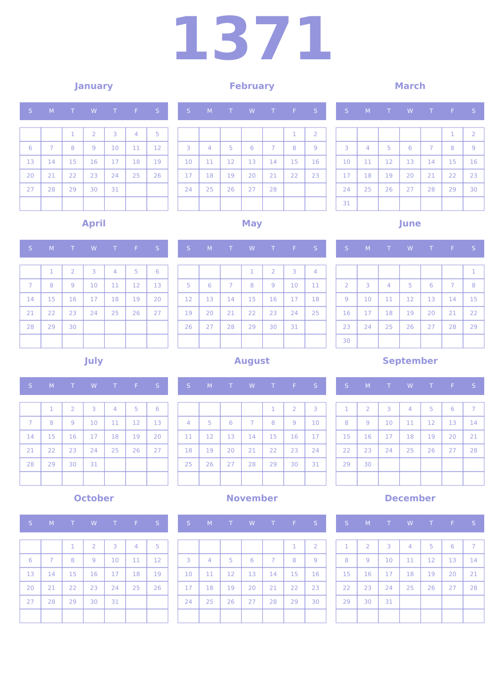 Printable 1371 Year Calendars periwinkle