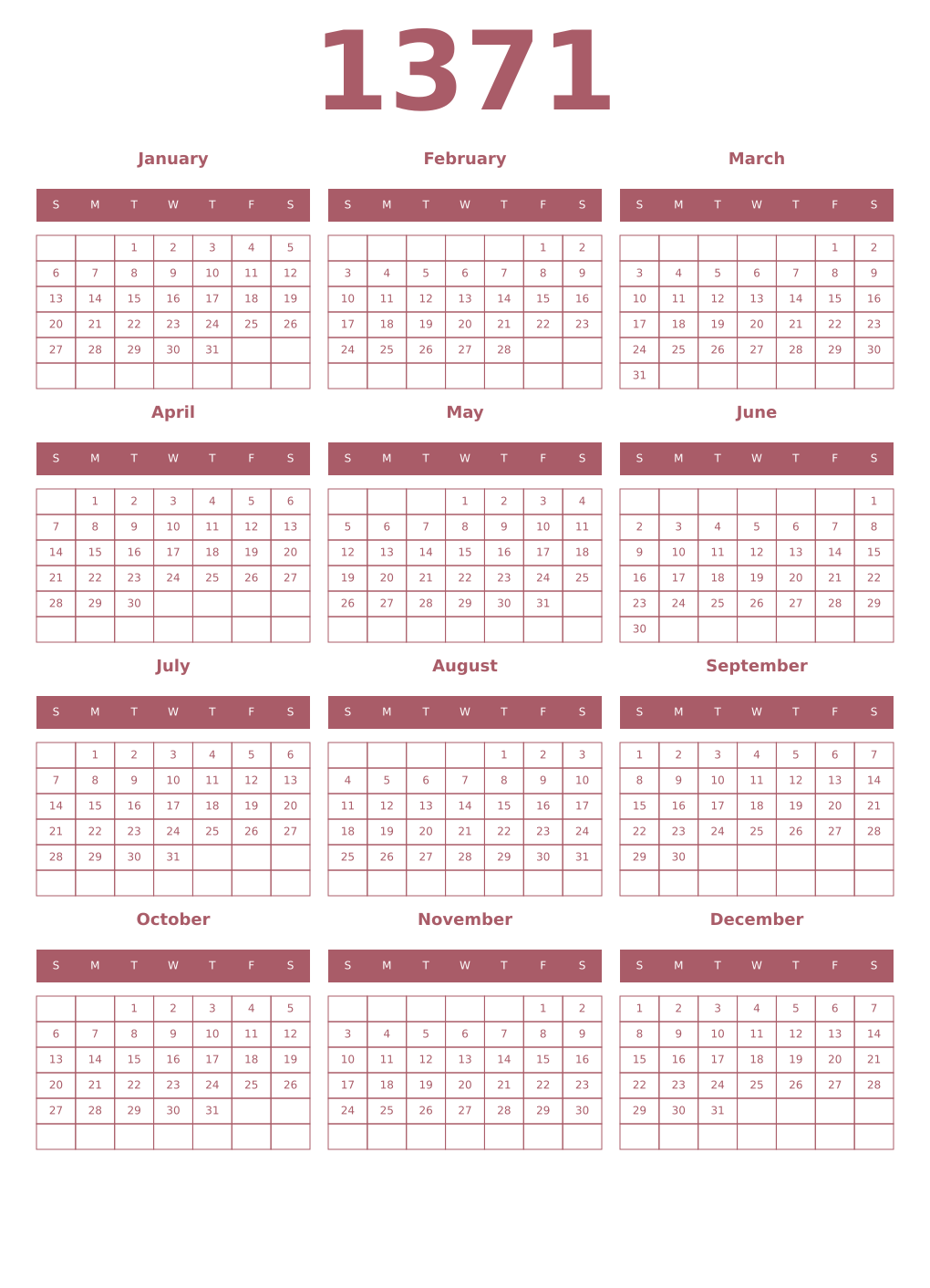 Printable 1371 Year Calendars puce