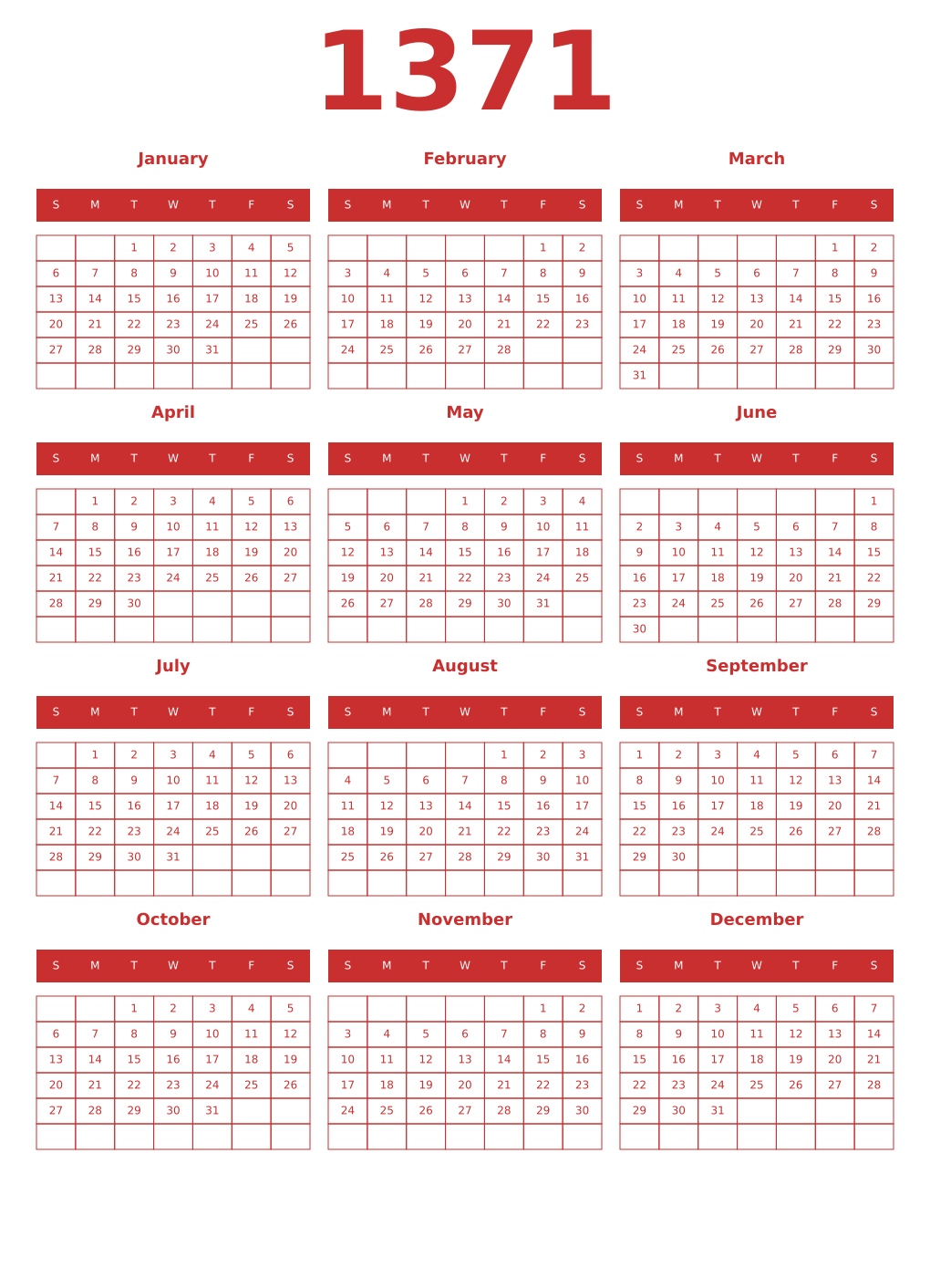 Printable 1371 Year Calendars red
