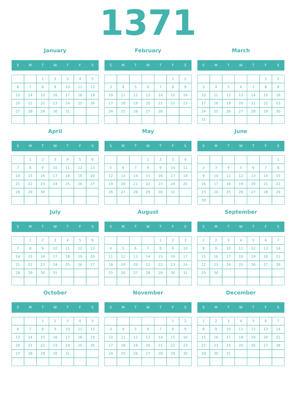 Printable 1371 Year Calendars verdigris