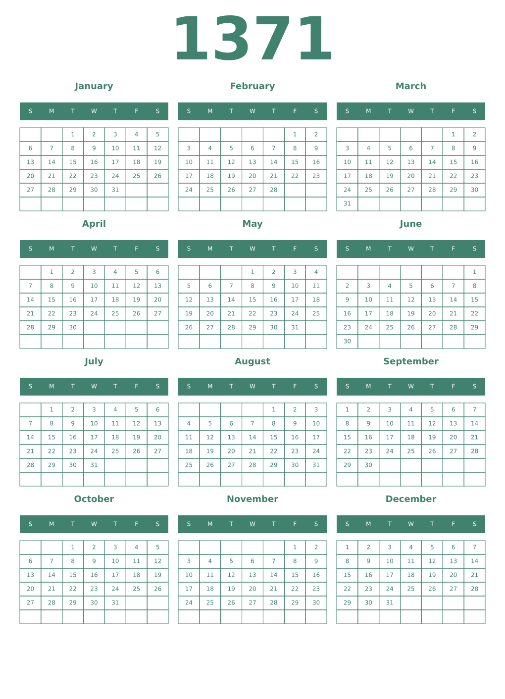 Printable 1371 Year Calendars viridian